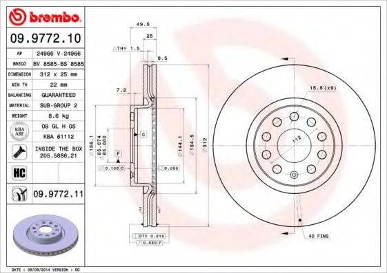 Диск гальмівний передній 09977211 BREMBO