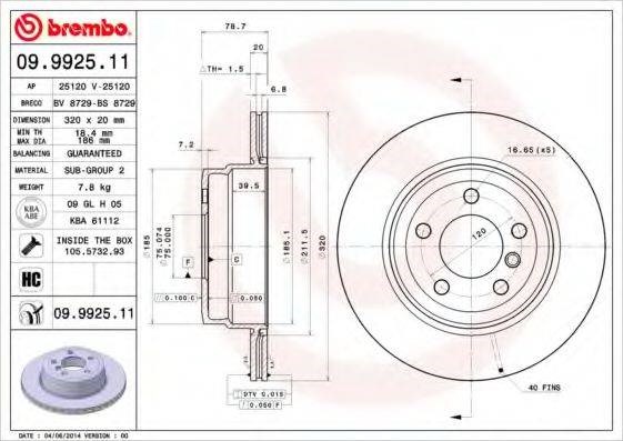 Диск гальмівний задній 09992511 BREMBO