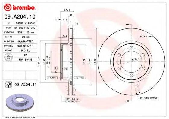 Диск переднього гальма 09A20411 BREMBO