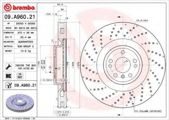 Диск переднього гальма 09A96021 BREMBO