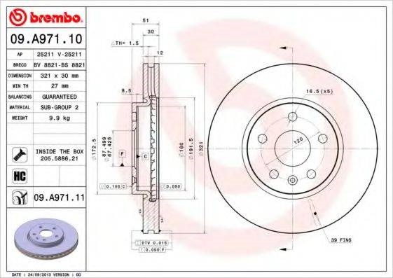 Диск гальмівний передній 09A97111 BREMBO