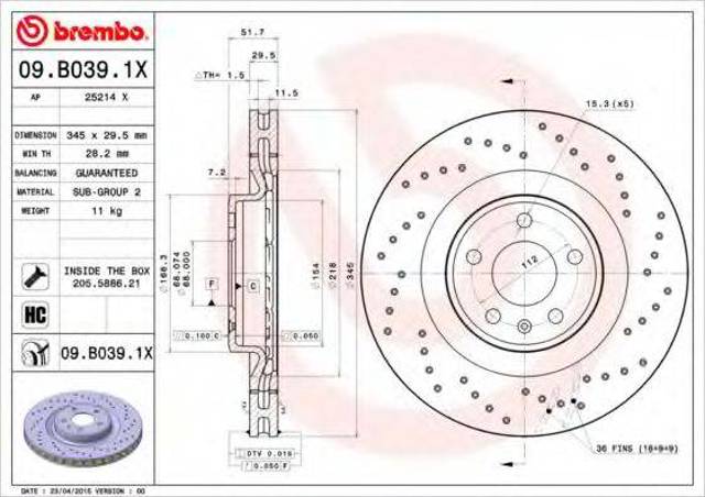 Диск переднього гальма 09B0391X BREMBO