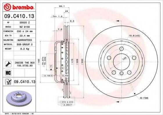 Диск переднього гальма 09C41013 BREMBO