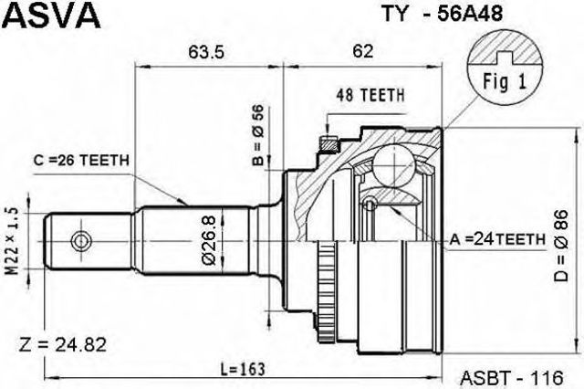 Trakmotive toyota шркш зовнішній к-кт з abs 26/24 зуб, avensis 99-05 TY-56A48