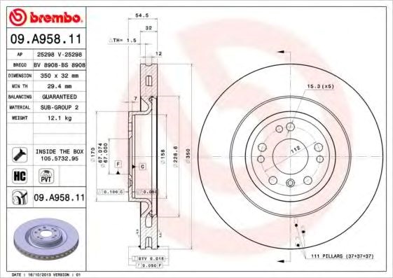 Диск гальмівний передній 09A95811 BREMBO