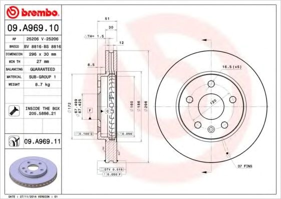 Диск переднього гальма 09A96910 BREMBO
