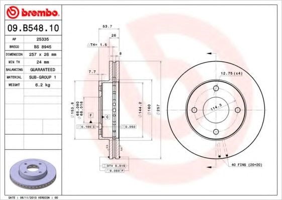 Диск гальмівний передній 09B54810 BREMBO