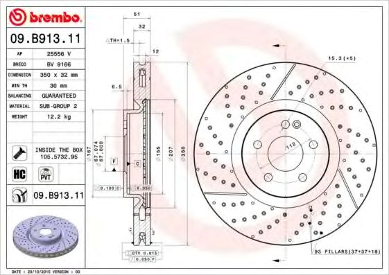 Диск гальмівний передній 09B91311 BREMBO