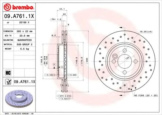 Диск гальмівний передній 09A7611X BREMBO
