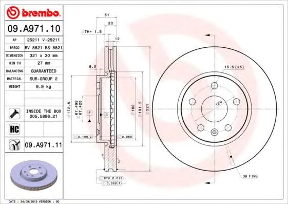 Диск гальмівний передній 09A97111 BREMBO