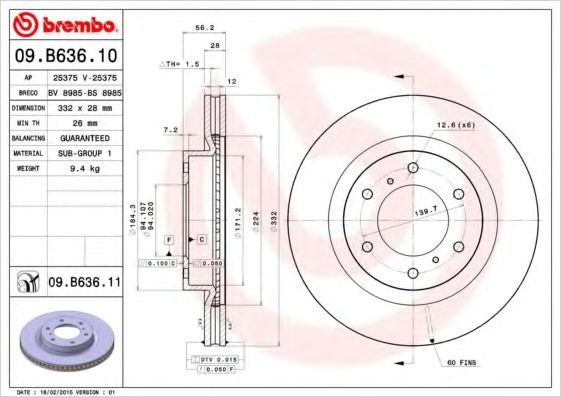 Диск гальмівний передній 09B63611 BREMBO