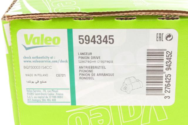 Бендикс стартера VALEO 594345 Бендикс стартера VALEO 594345