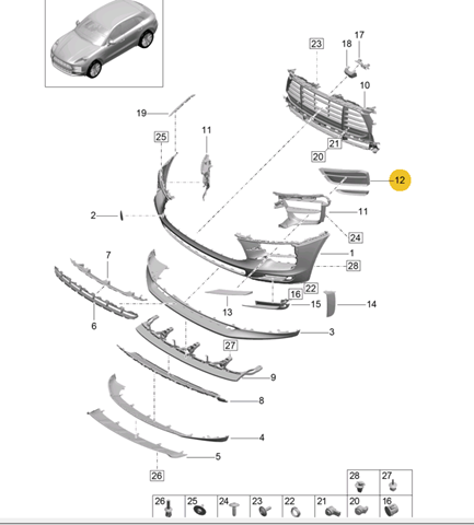 Решітка переднього бампера, права 95B121334C1E0 Porsche