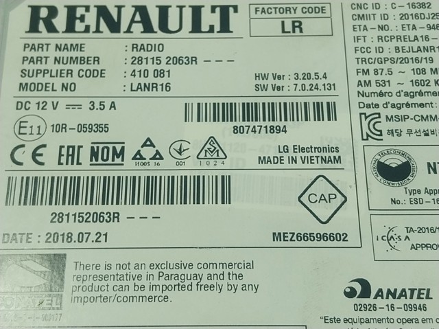 Магнітола (радіо AM/FM) Renault (RVI) 281154248R ціна, від 255.63 USD