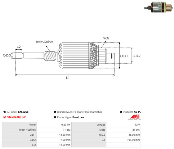 Якір (ротор) стартера SA6026S AS/Auto Storm