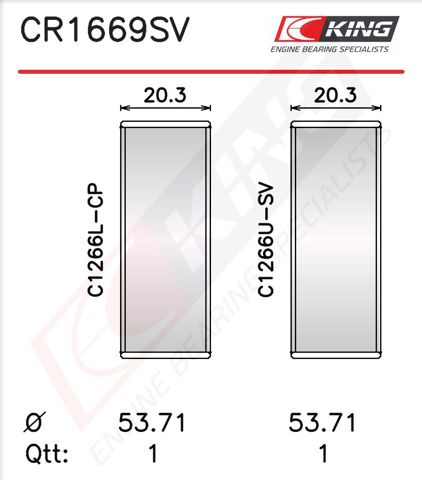 Вкладиші колінвала, шатунні, комплект, 1-й ремонт (+0,25) King CR1669SV025