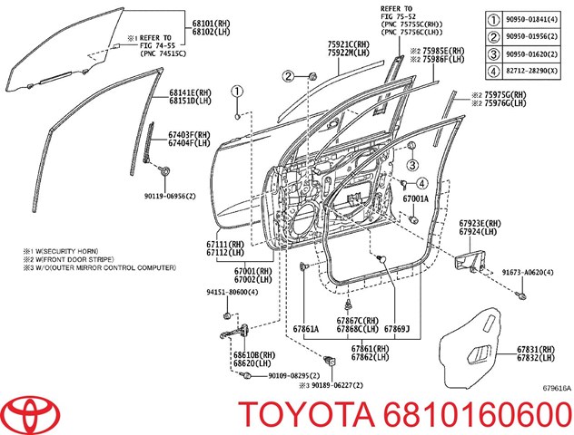 Скло передніх дверей, правою 6810160600 Toyota