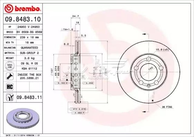 Диск гальмівний передній Brembo 9848311