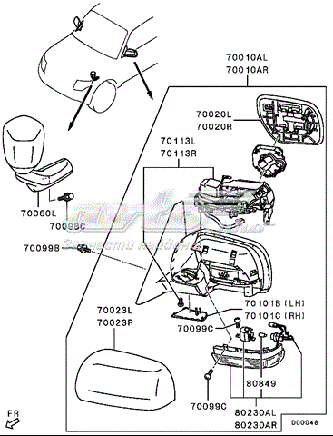 Дзеркальний елемент дзеркала заднього виду, правого 7632A528 Mitsubishi