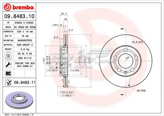 Диск переднього гальма Brembo 9848311 ціна, від 20.98 USD